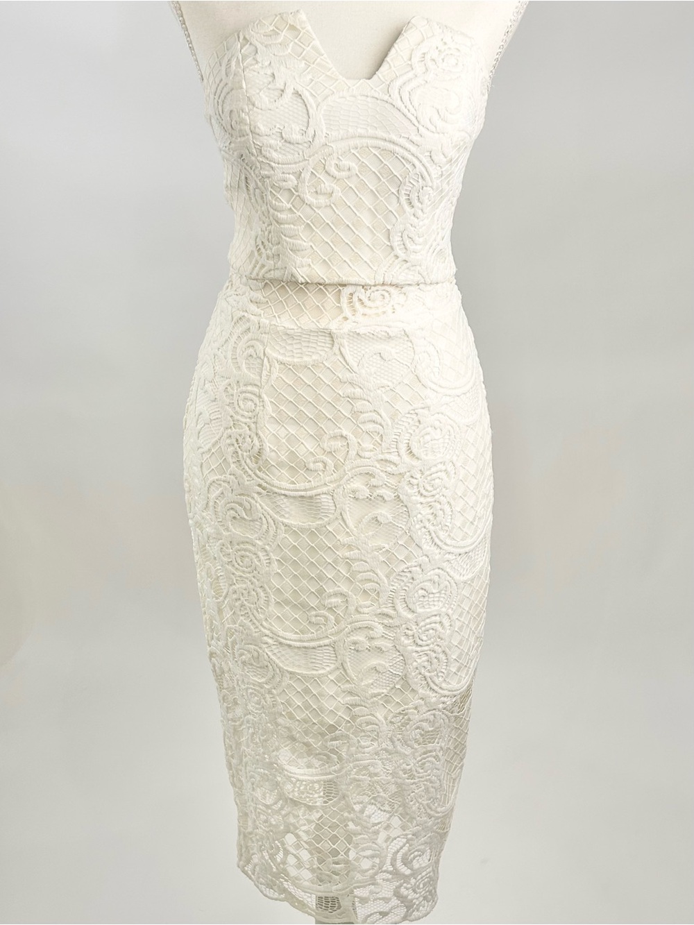 NWT JARLO Charlotte Ivory Lace Strapless Midi Dress XS Bridal Wedding